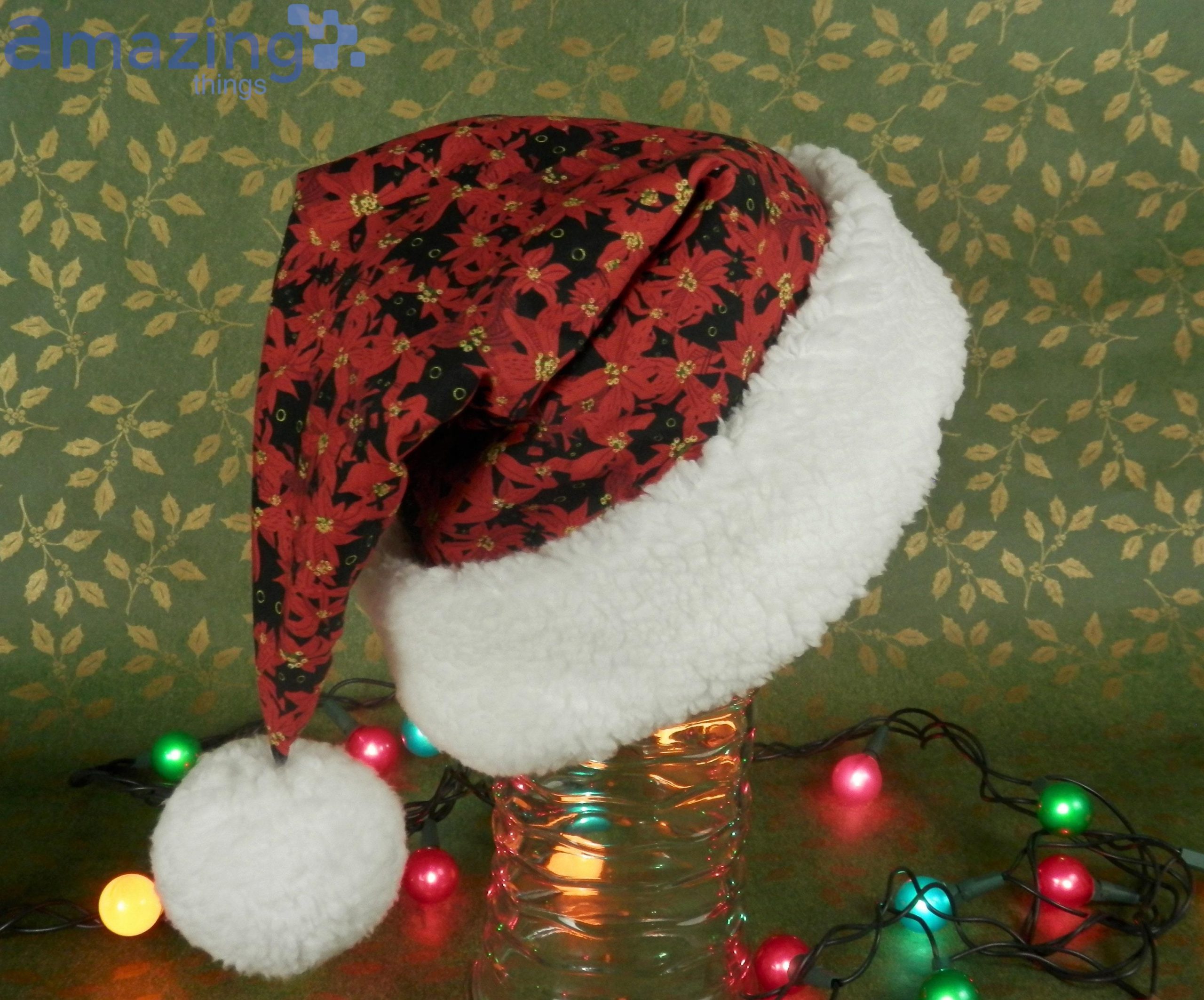 Little Black Cats Peeking Out From Red Poinsettias Christmas Santa Hat For Adult And Child image Little Black Cats Peeking Out From Red Poinsettias Christmas Santa Hat For Adult And Child Product Photo 4
