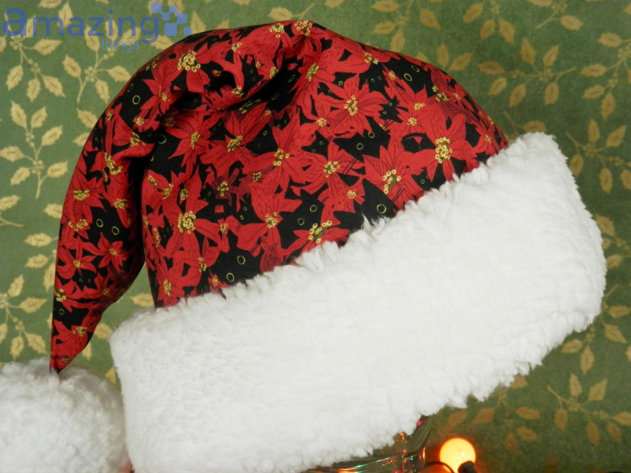 Little Black Cats Peeking Out From Red Poinsettias Christmas Santa Hat For Adult And Child image Little Black Cats Peeking Out From Red Poinsettias Christmas Santa Hat For Adult And Child Product Photo 1