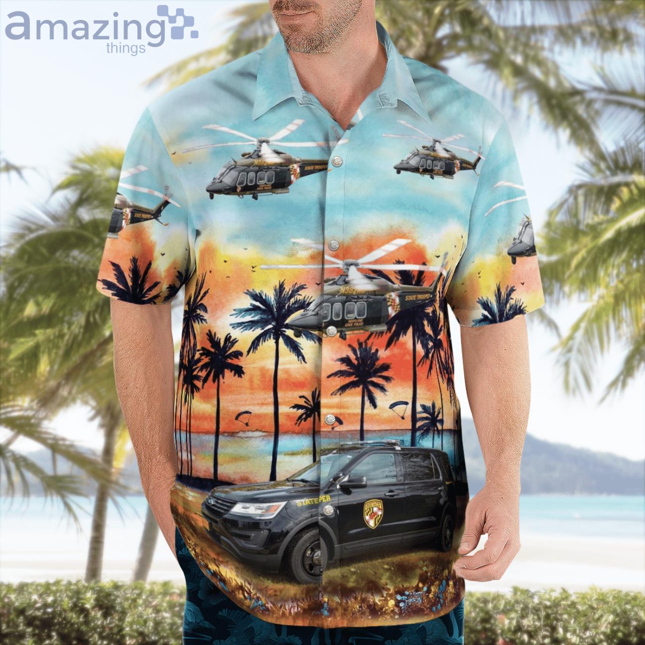 Maryland State Police Ford Utility Interceptor And Agustawestland Helicopter Hawaiian Shirt image Maryland State Police Ford Utility Interceptor And Agustawestland Helicopter Hawaiian Shirt Product Photo 3