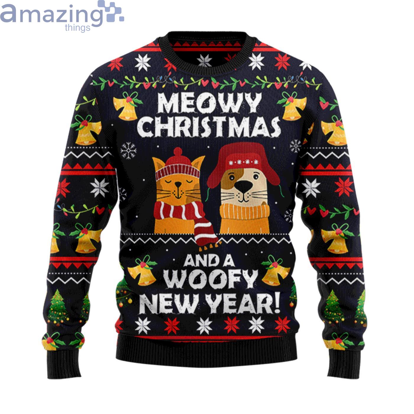 Meowy Christmas And Woofy New Year Cat And Dog Christmas Ugly Sweater Product Photo 1