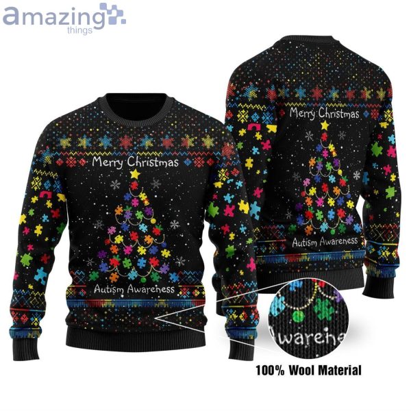 Merry Christmas Autism Awareness Puzzle Tree Christmas Ugly Sweater Product Photo 1