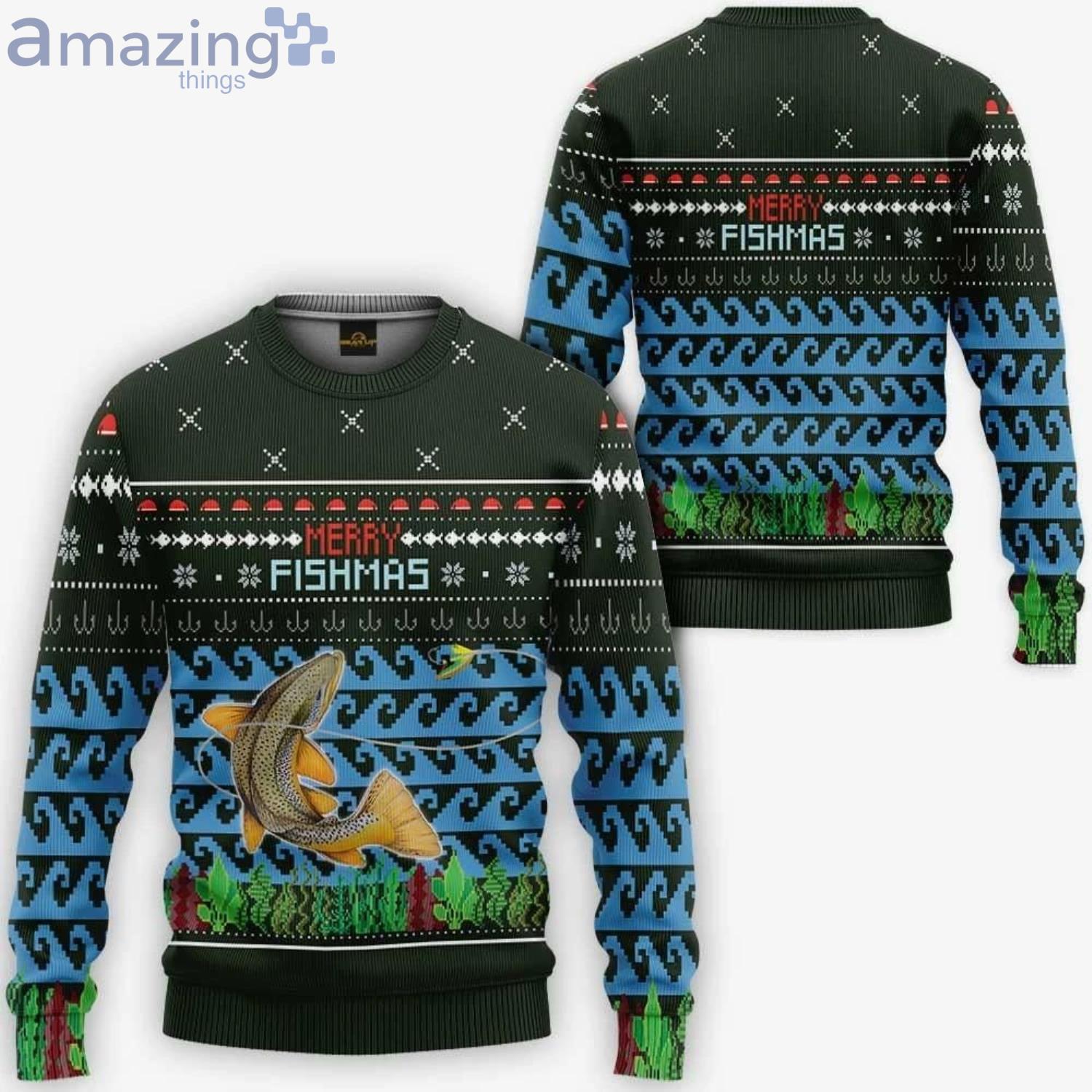 Merry Fishmas Brown Trout Fishing Christmas Ugly Sweater Product Photo 1