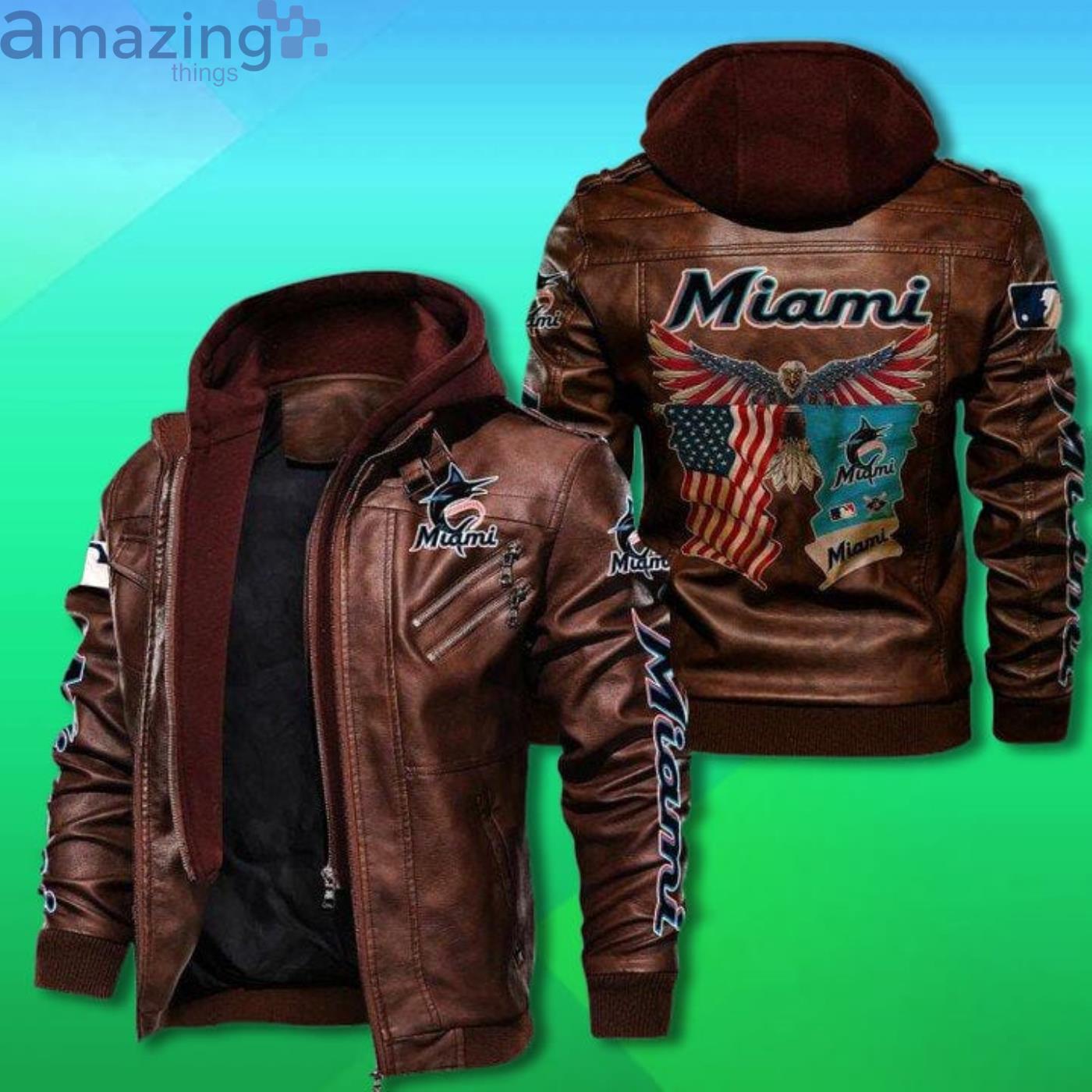 Miami Marlins Eagle American Flag 2D Trending Leather Jacket image Miami Marlins Eagle American Flag 2D Trending Leather Jacket Product Photo 2