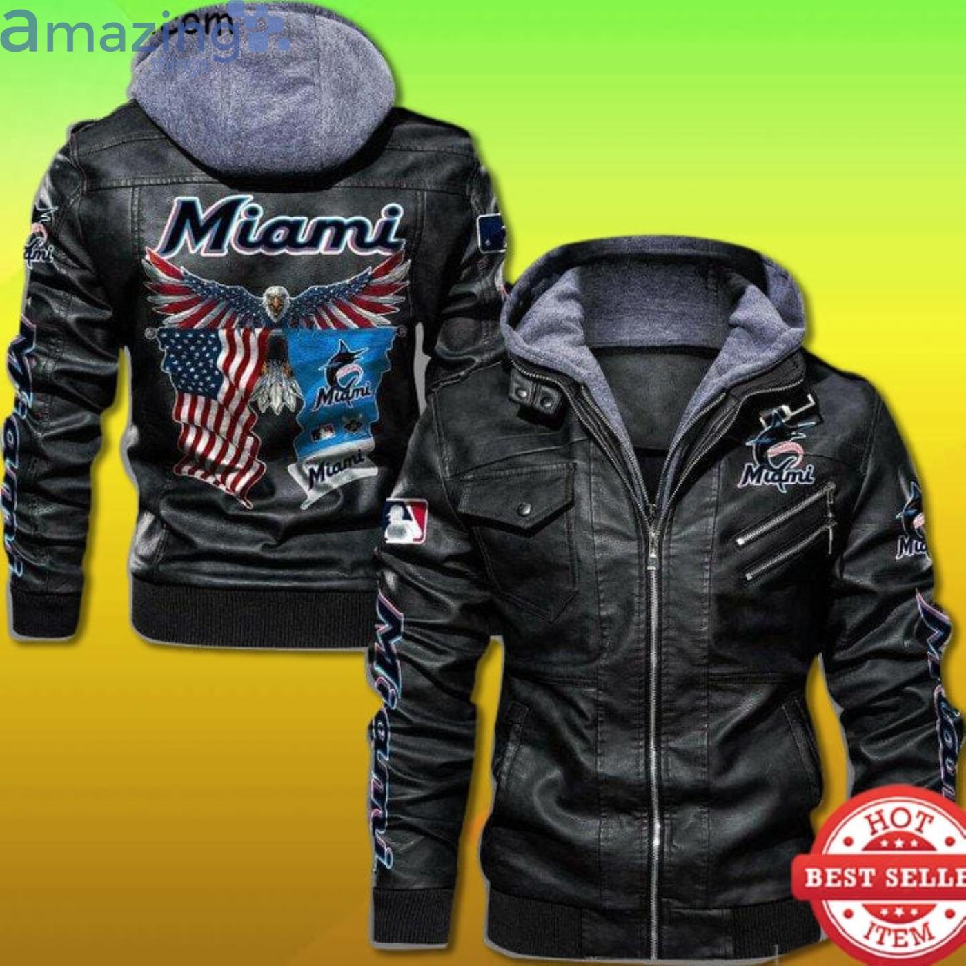 Miami Marlins Eagle American Flag 2D Trending Leather Jacket Product Photo 1 Miami Marlins Eagle American Flag 2D Trending Leather Jacket Product Photo 1
