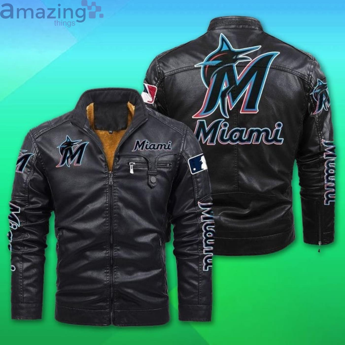 Miami Marlins Fleece Leather Jacket Product Photo 1 Miami Marlins Fleece Leather Jacket Product Photo 1