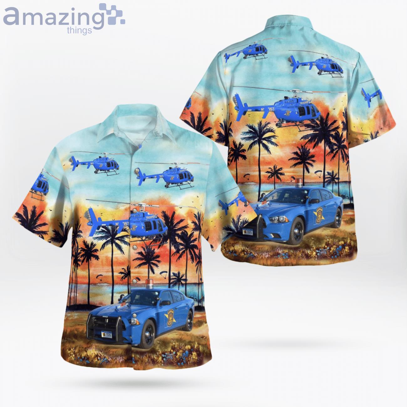 Michigan State Police Dodge Charger & Helicopter Hawaiian Shirt image Michigan State Police Dodge Charger & Helicopter Hawaiian Shirt Product Photo 1 Product photo 1