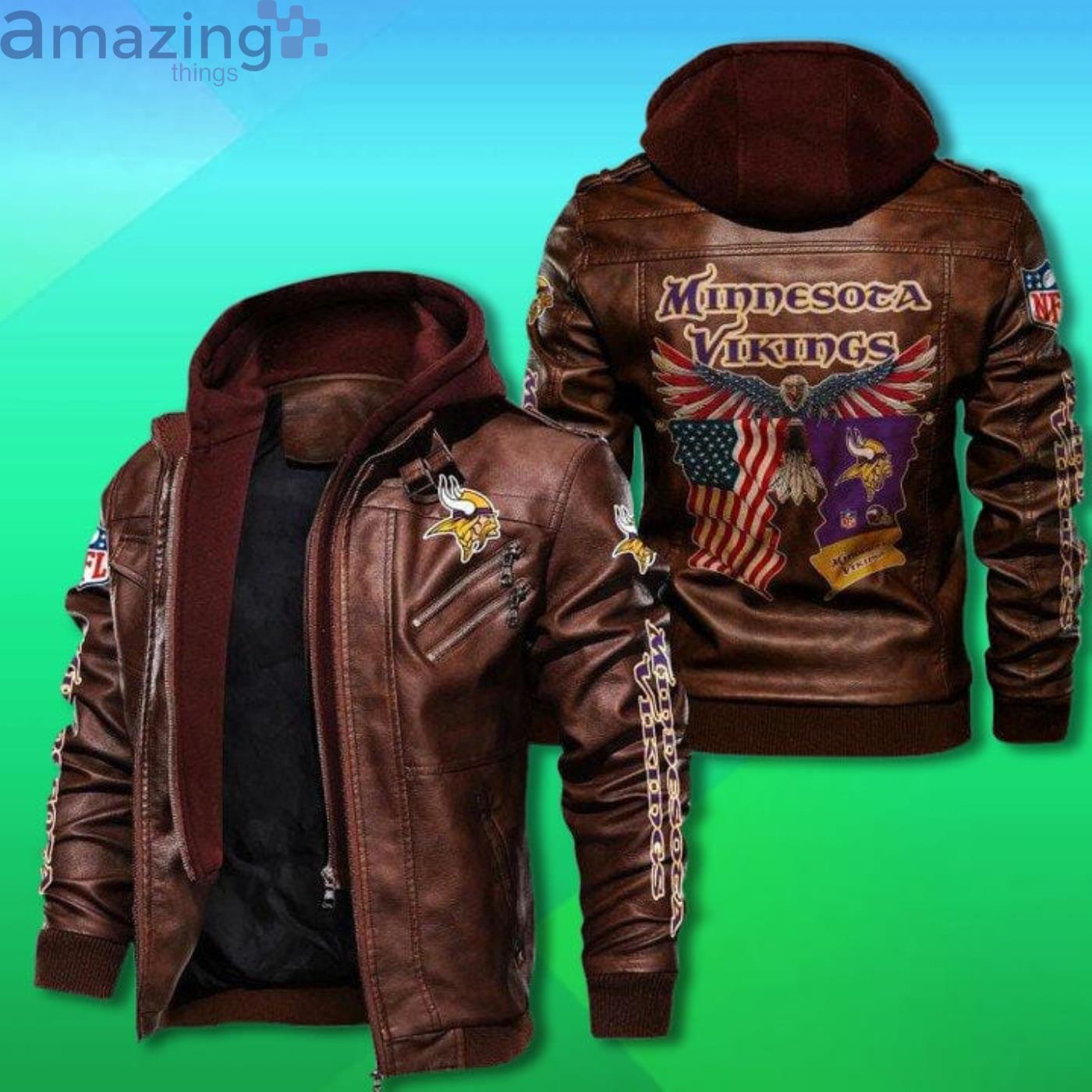 Minnesota Vikings Bald Eagle American Flag 2D Trending Leather Jacket image Minnesota Vikings Bald Eagle American Flag 2D Trending Leather Jacket Product Photo 2