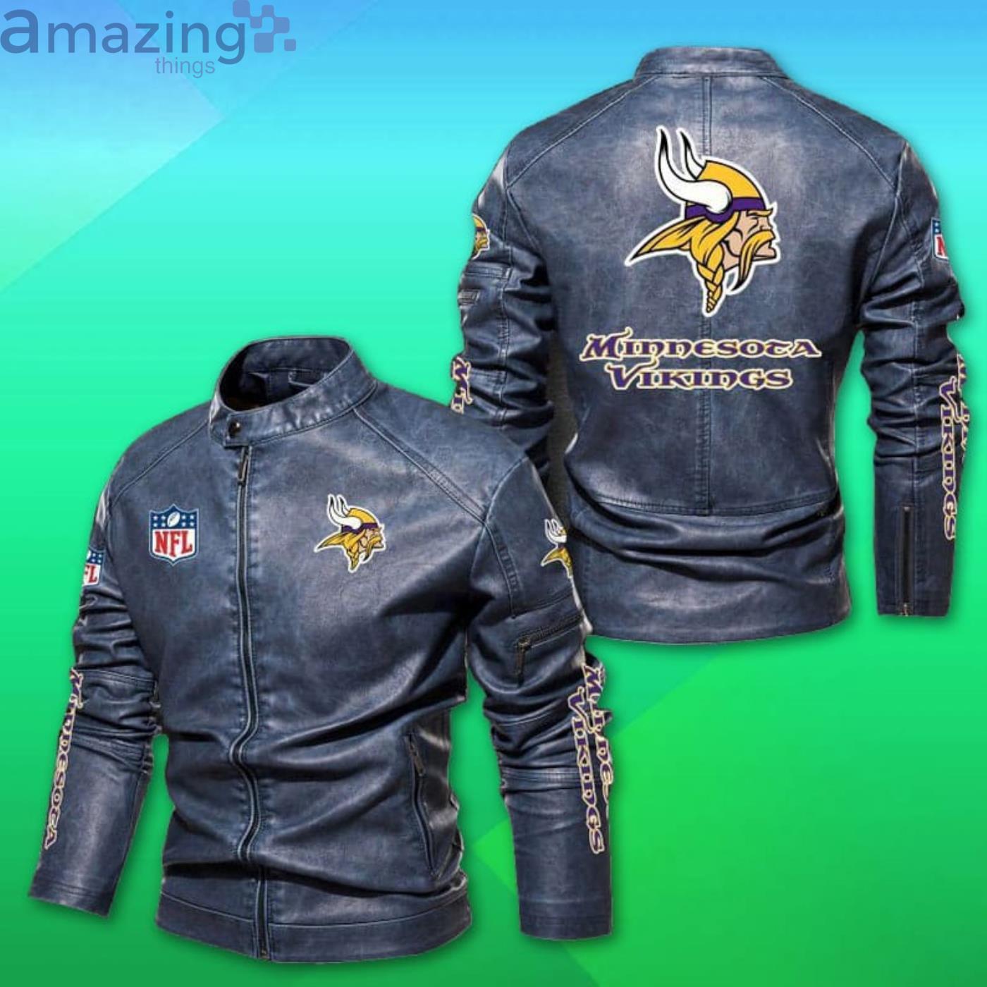 Minnesota Vikings NFL Motor Fleece Leather Jackets image Minnesota Vikings NFL Motor Fleece Leather Jackets Product Photo 2