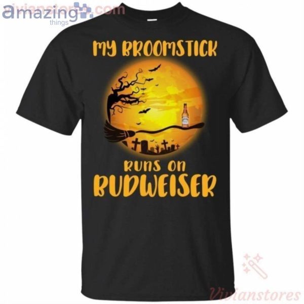 My Broomstick Runs On Budweiser Funny Beer Halloween T-Shirt Product Photo 1