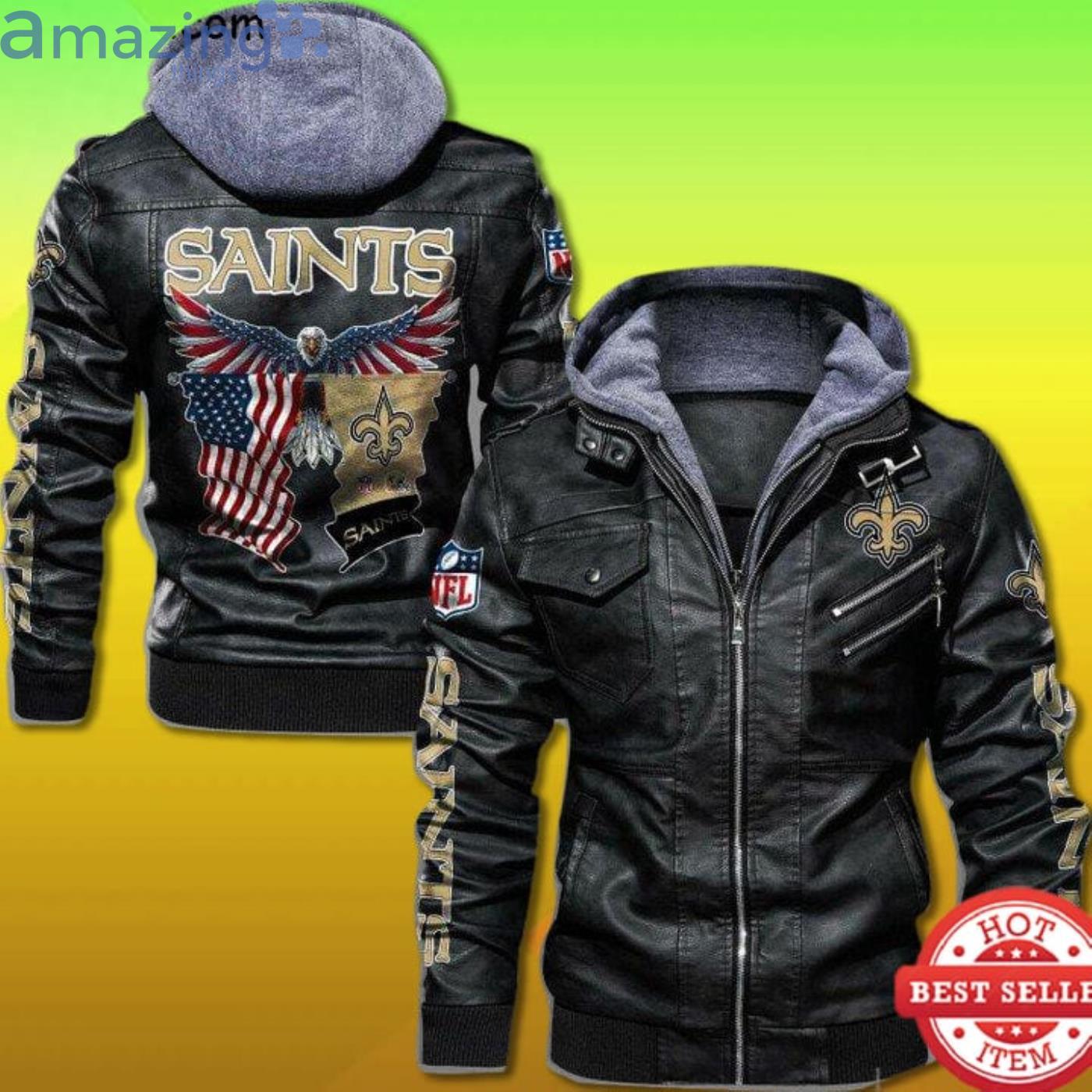 New Orleans Saints Bald Eagle American Flag 2D Trending Leather Jacket Product Photo 1