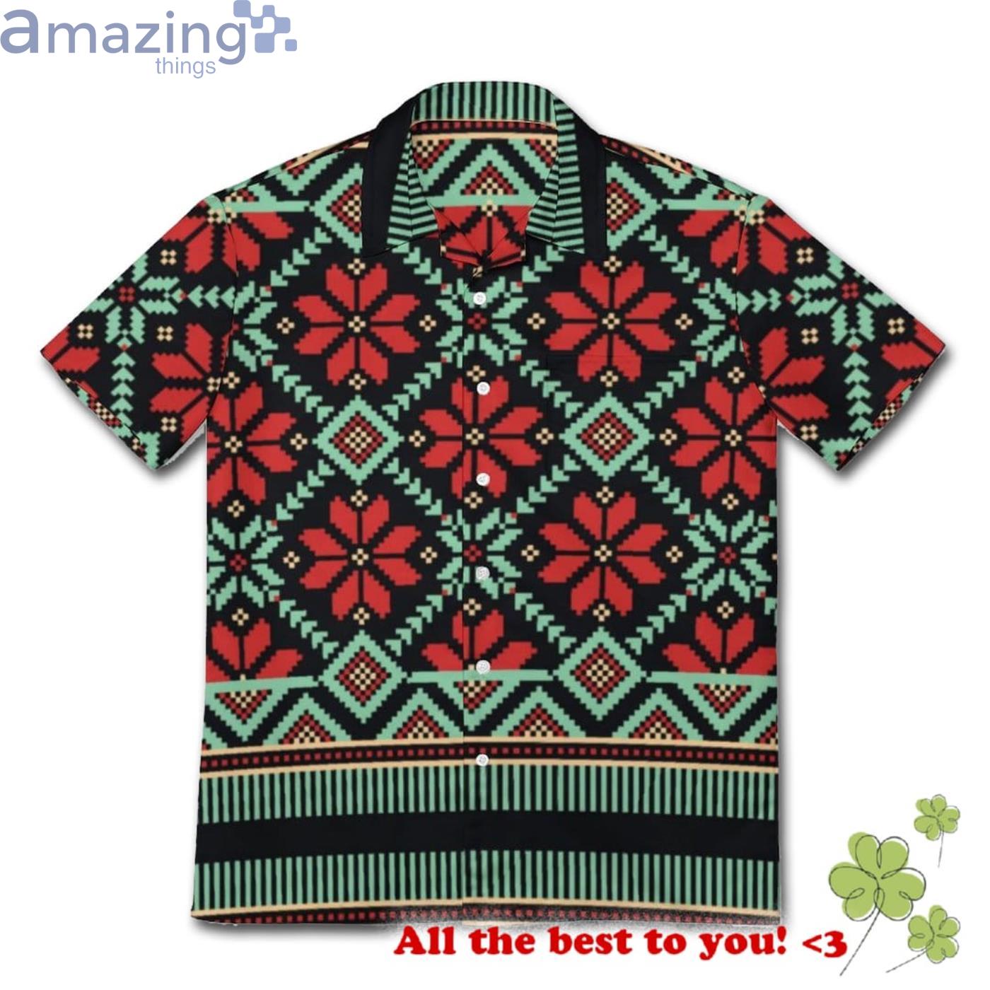 Nordic Floral Sweater Pattern Red Black Green Hawaiian Shirt Product Photo 1