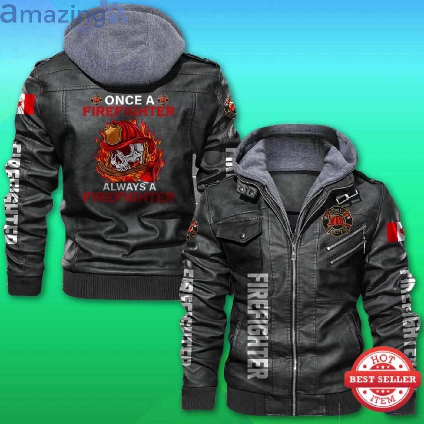 Once A Firefighter Always A Firefighter Canadian Flag Leather Jacket Product Photo 1