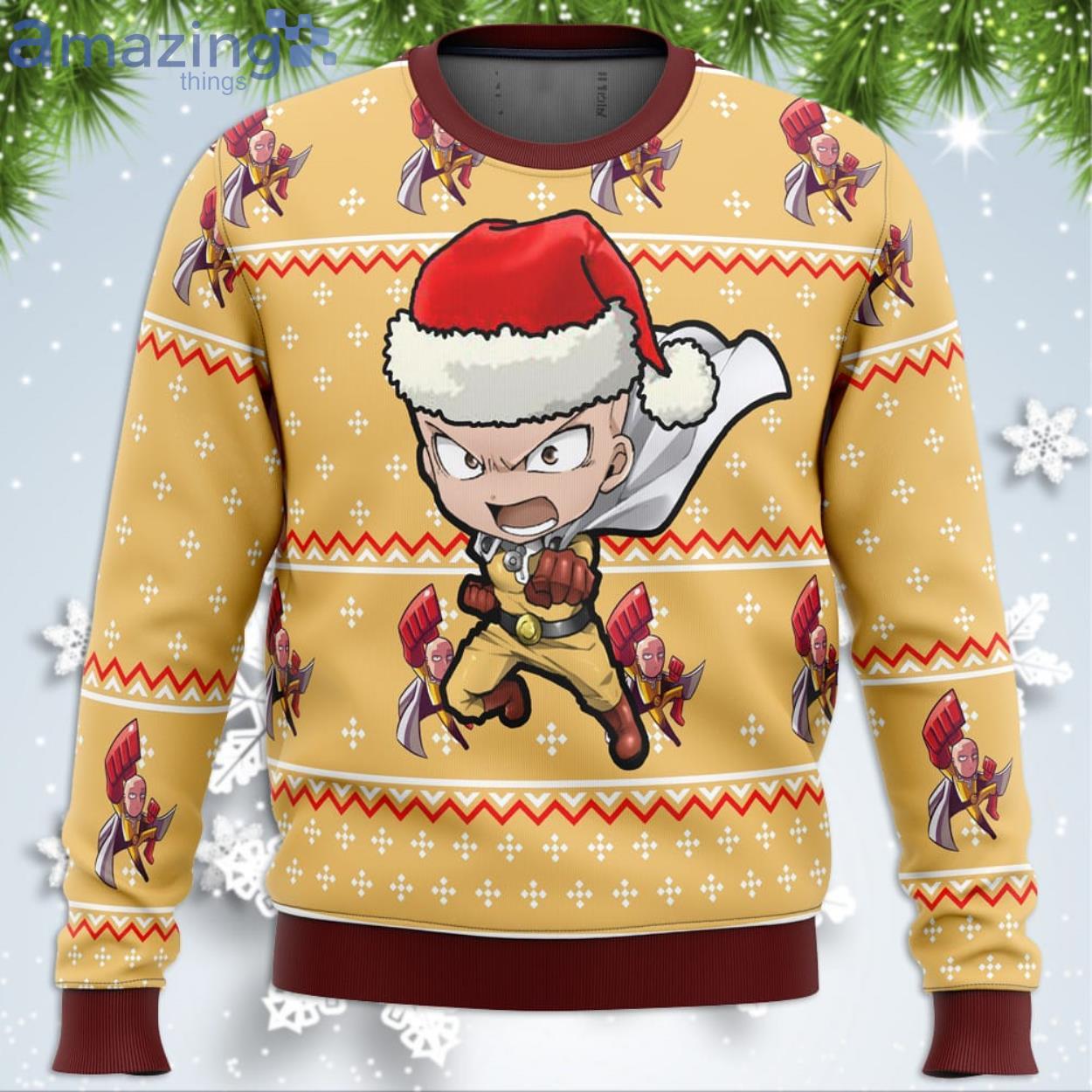 One Punch Chibi Saitama Funny Christmas Gift Ugly Christmas Sweater Product Photo 1