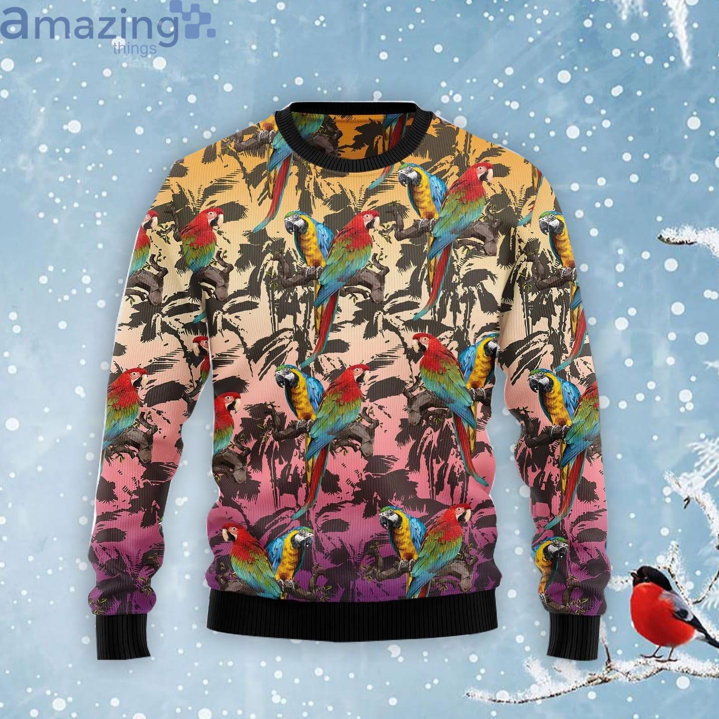 Parrot Palm Forest Ugly Christmas Sweater Product Photo 1 Parrot Palm Forest Ugly Christmas Sweater Product Photo 1