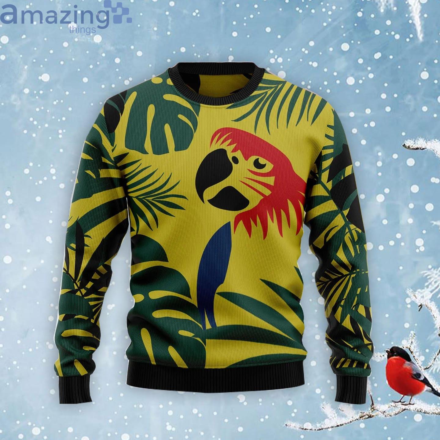 Parrot Tropical Leaves Ugly Christmas Sweater Product Photo 1 Parrot Tropical Leaves Ugly Christmas Sweater Product Photo 1