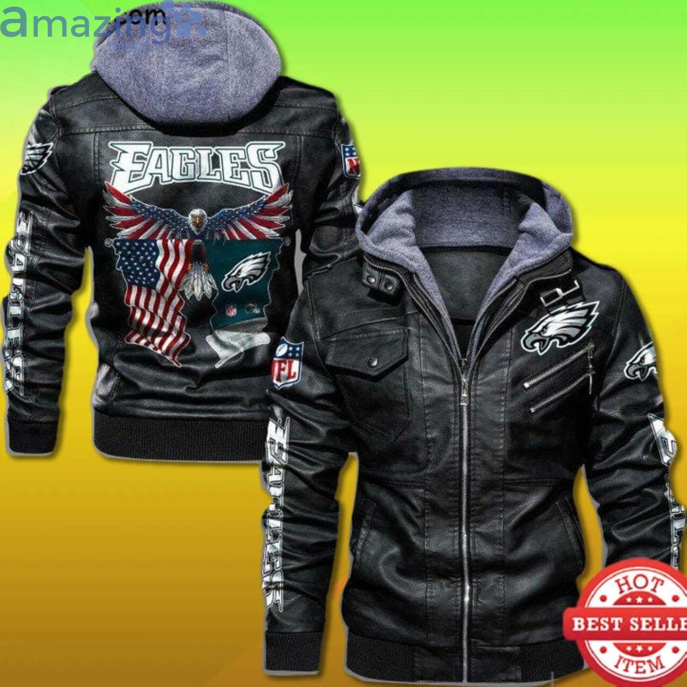 Philadelphia Eagles Bald Eagle American Flag Leather Jacket Product Photo 1