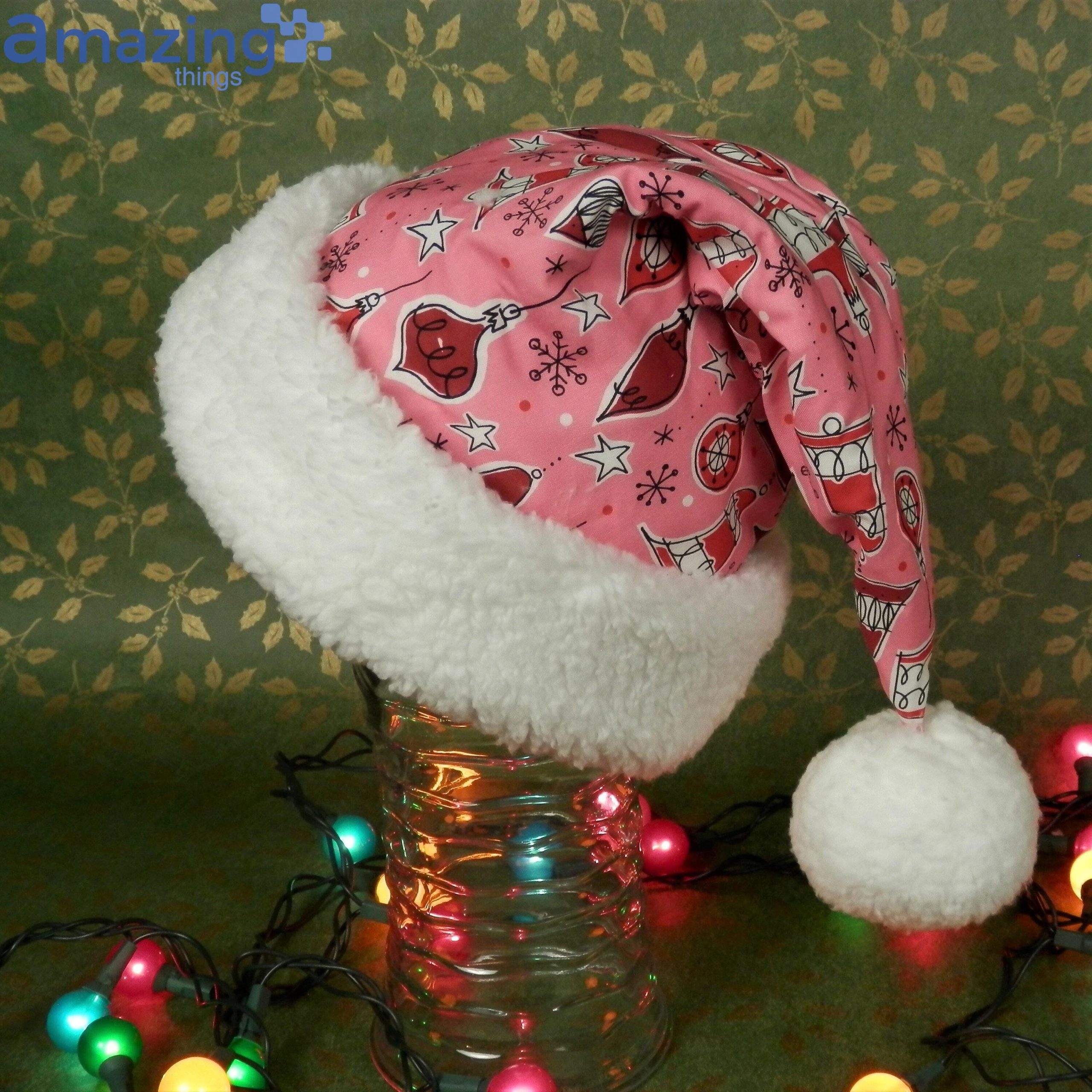 Pink Red Retro 1950s Ornament Pattern Christmas Santa Hat For Adult And Child Product Photo 1