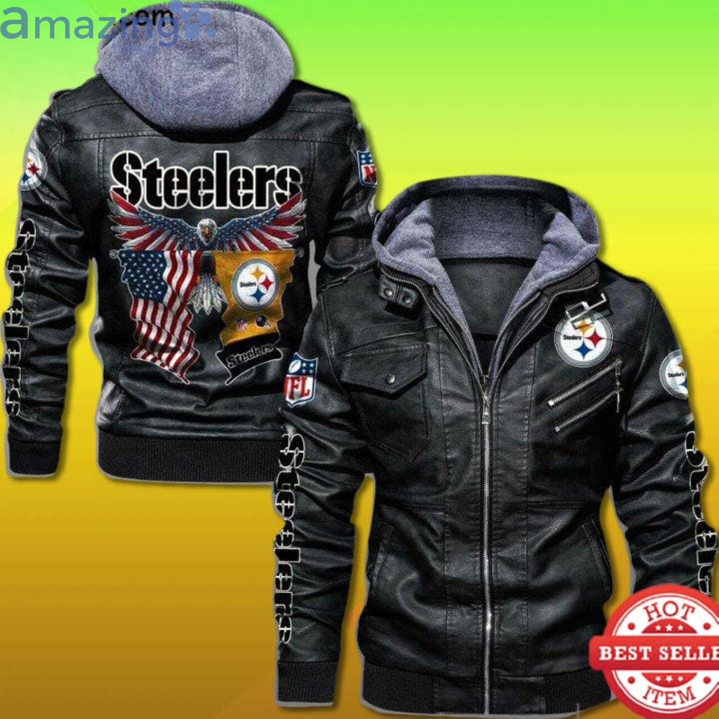 Pittsburgh Steelers Bald Eagle American Flag Leather Jacket Product Photo 1