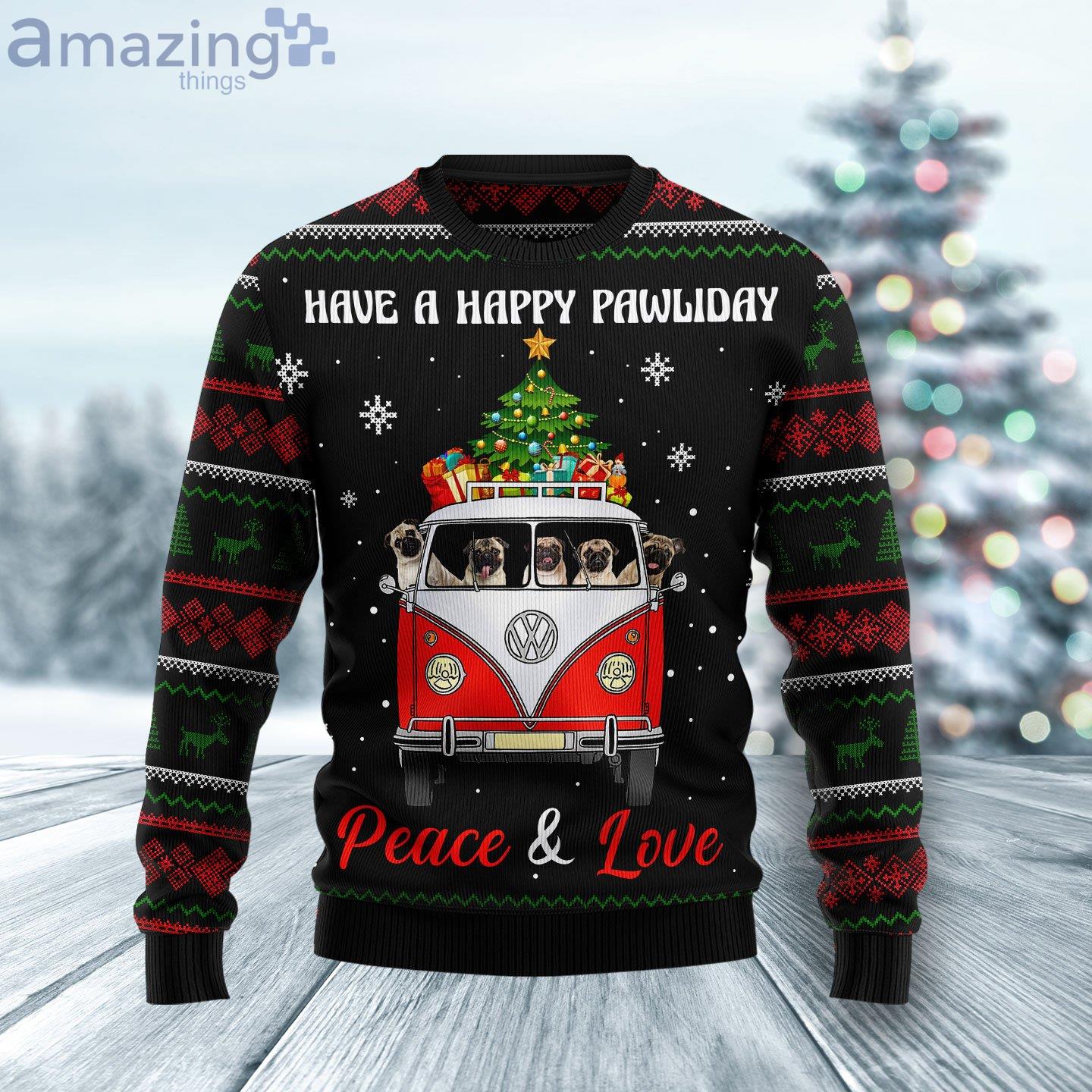 Pug Dogs Carrying Gift Christmas On The Red Car Ugly Christmas Sweater image Pug Dogs Carrying Gift Christmas On The Red Car Ugly Christmas Sweater Product Photo 1 Product photo 1