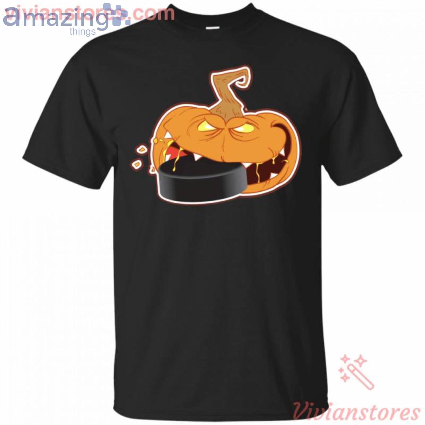 Pumpkin Eating Puck Hockey Halloween Funny T-Shirt Product Photo 1