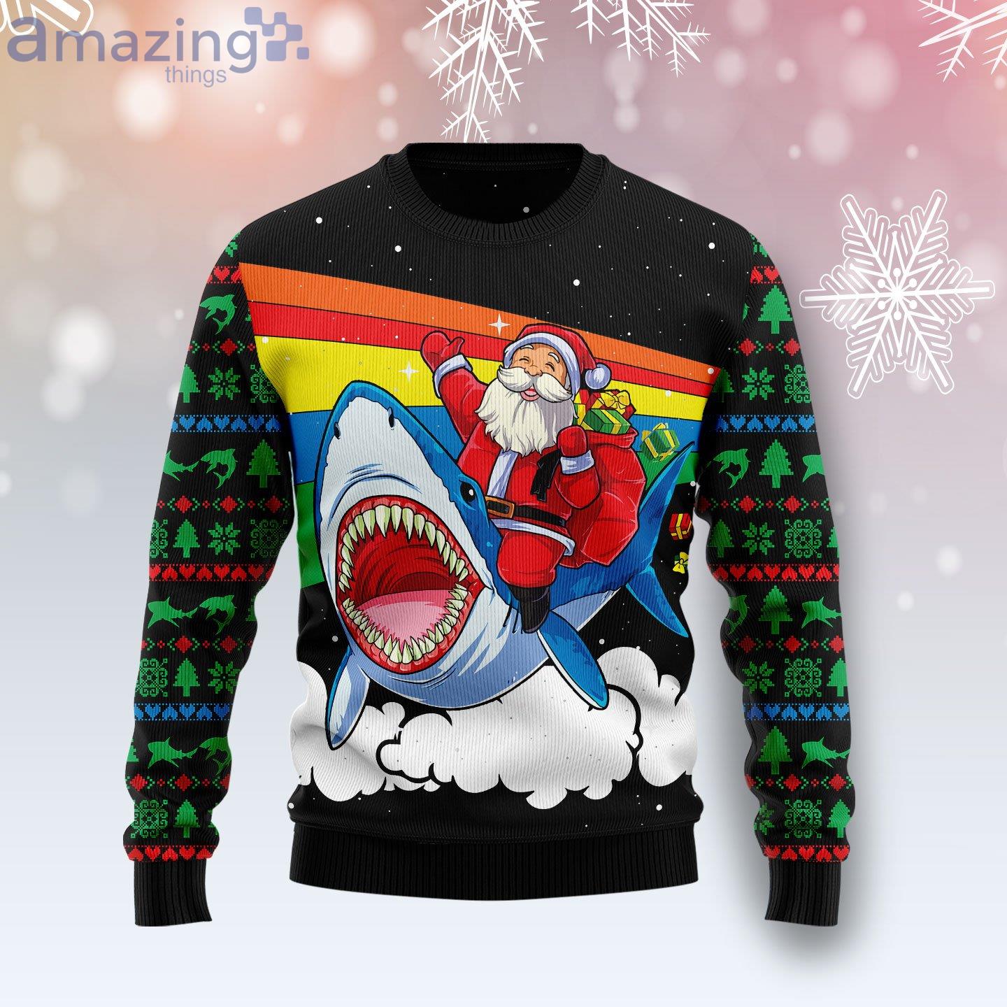 Rainbow Santa Riding Shark Funny Santa Ugly Christmas Sweater Product Photo 1