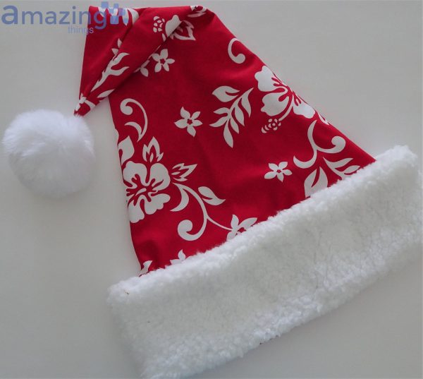 Red Hawaiian Tropical Red White Hibiscus Christmas Santa Hat For Adult And Child Product Photo 3