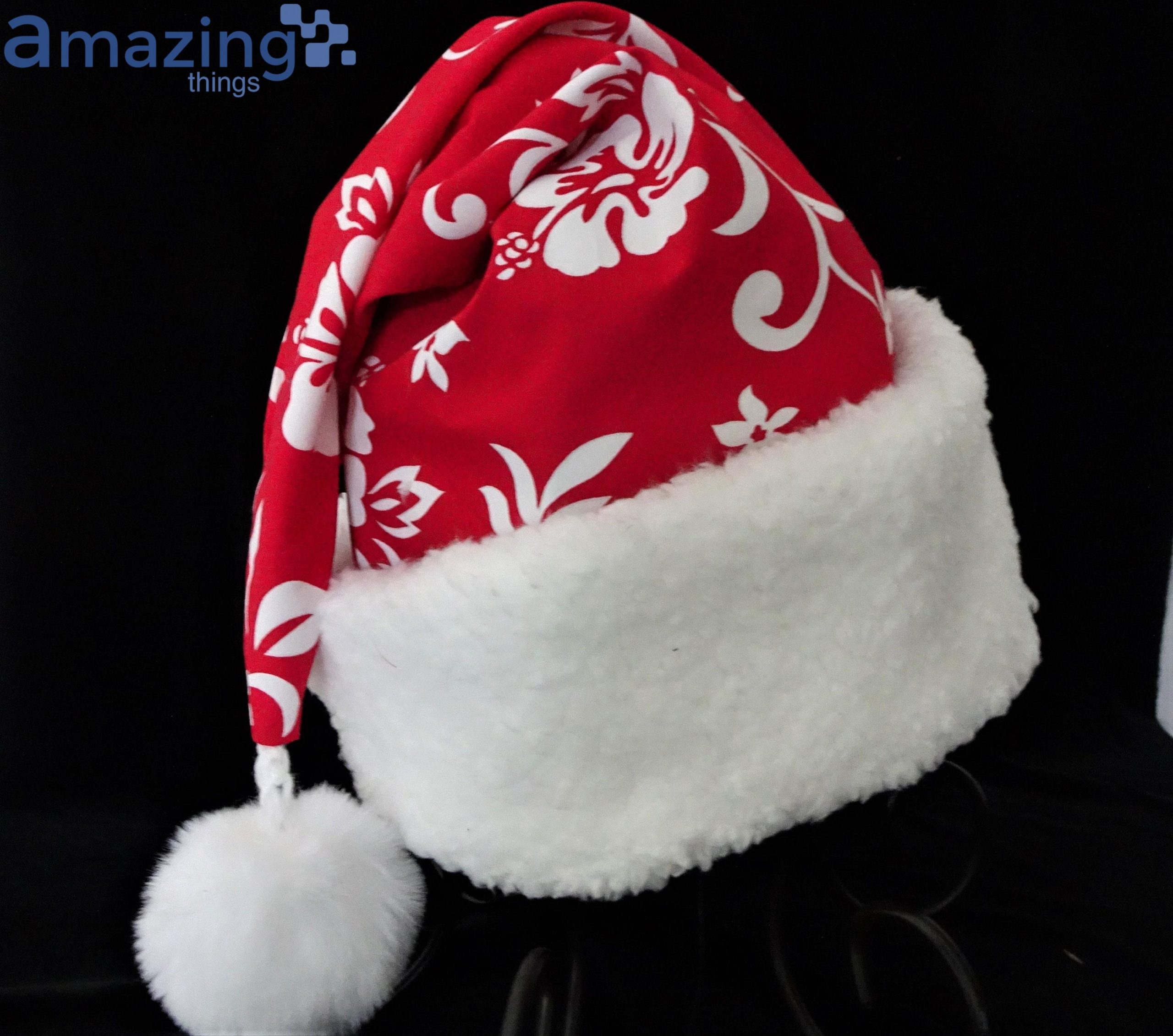 Red Hawaiian Tropical Red White Hibiscus Christmas Santa Hat For Adult And Child Product Photo 1