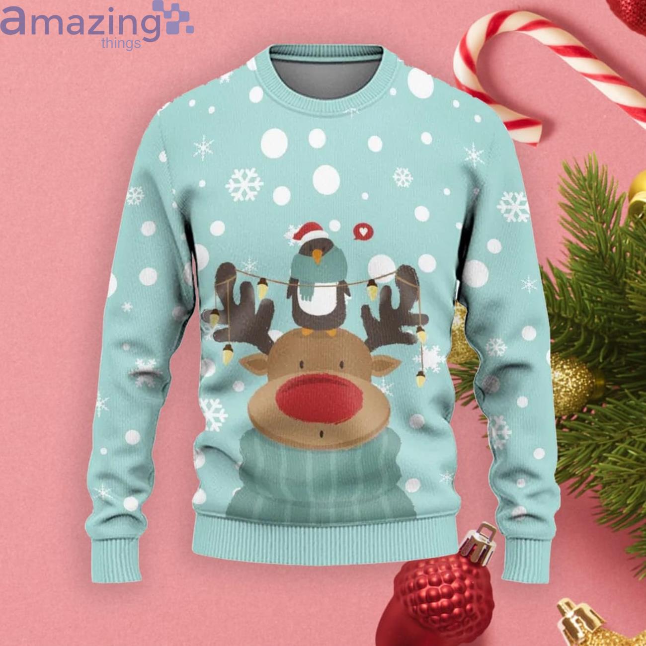 Reindeer And Penguin Christmas Gift Ugly Christmas Sweater Product Photo 1 Reindeer And Penguin Christmas Gift Ugly Christmas Sweater Product Photo 1
