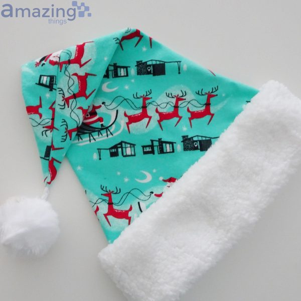 Retro Santa And His Sleigh Turquoise Christmas Santa Hat For Adult And Child Product Photo 5