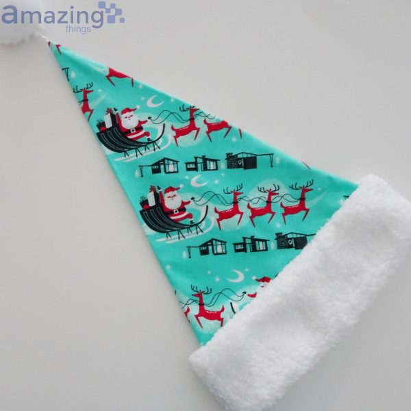 Retro Santa And His Sleigh Turquoise Christmas Santa Hat For Adult And Child Product Photo 6