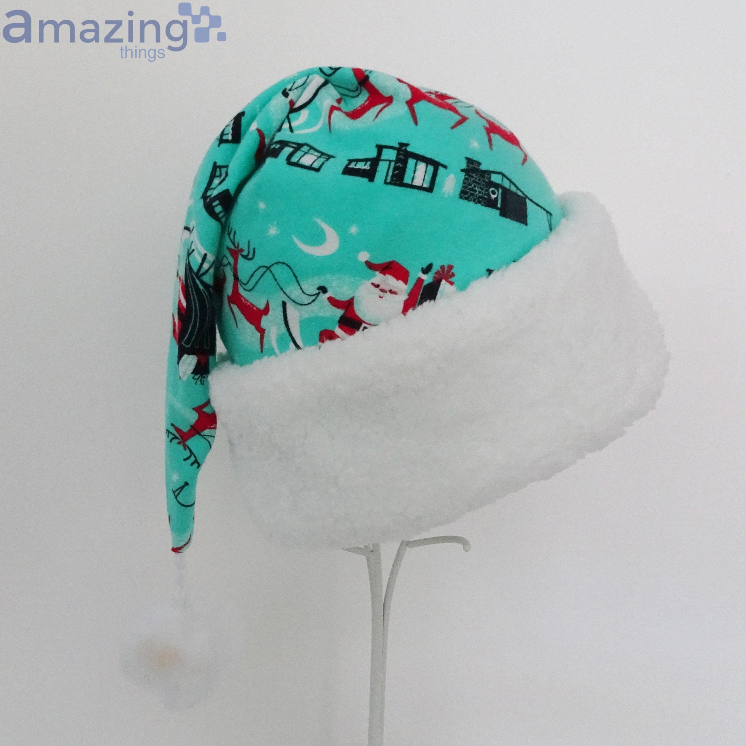 Retro Santa And His Sleigh Turquoise Christmas Santa Hat For Adult And Child Product Photo 1