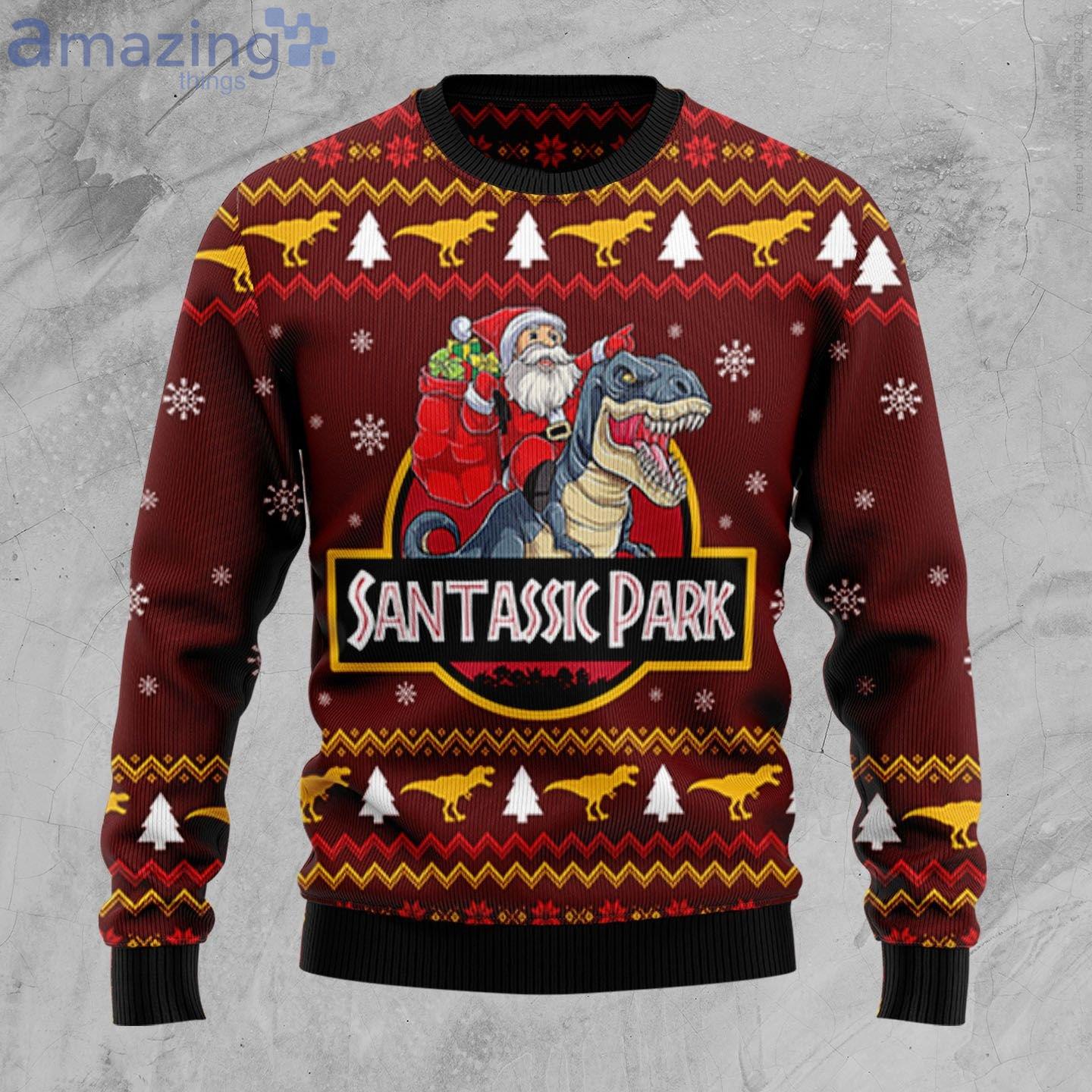 Santa And T Rex Santassic Park Ugly Christmas Sweater image Santa And T-Rex Santassic Park Ugly Christmas Sweater Product Photo 1 Product photo 1