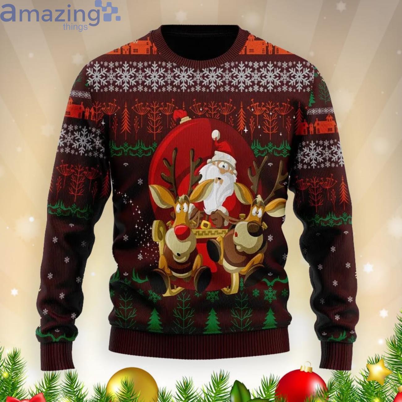 Santa Claus And Reindeer Christmas Gift Ugly Christmas Sweater Product Photo 1 Santa Claus And Reindeer Christmas Gift Ugly Christmas Sweater Product Photo 1
