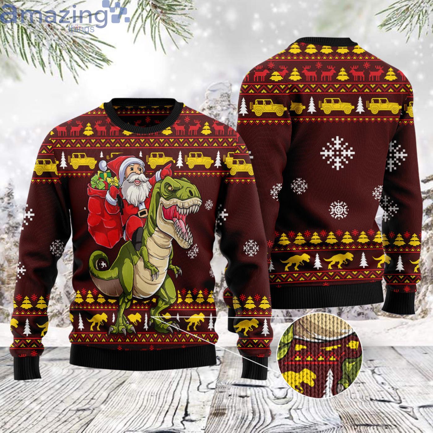 Santa On T Rex Christmas Ugly Sweater image Santa On T-Rex Christmas Ugly Sweater Product Photo 3