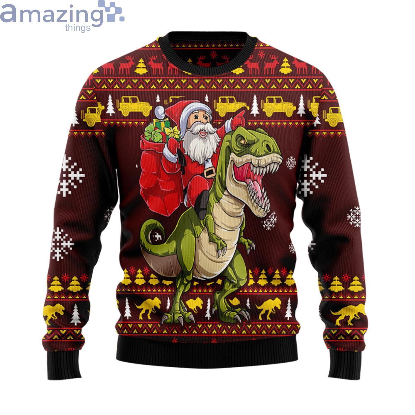 Santa On T-Rex Christmas Ugly Sweater Product Photo 1 Santa On T-Rex Christmas Ugly Sweater Product Photo 1
