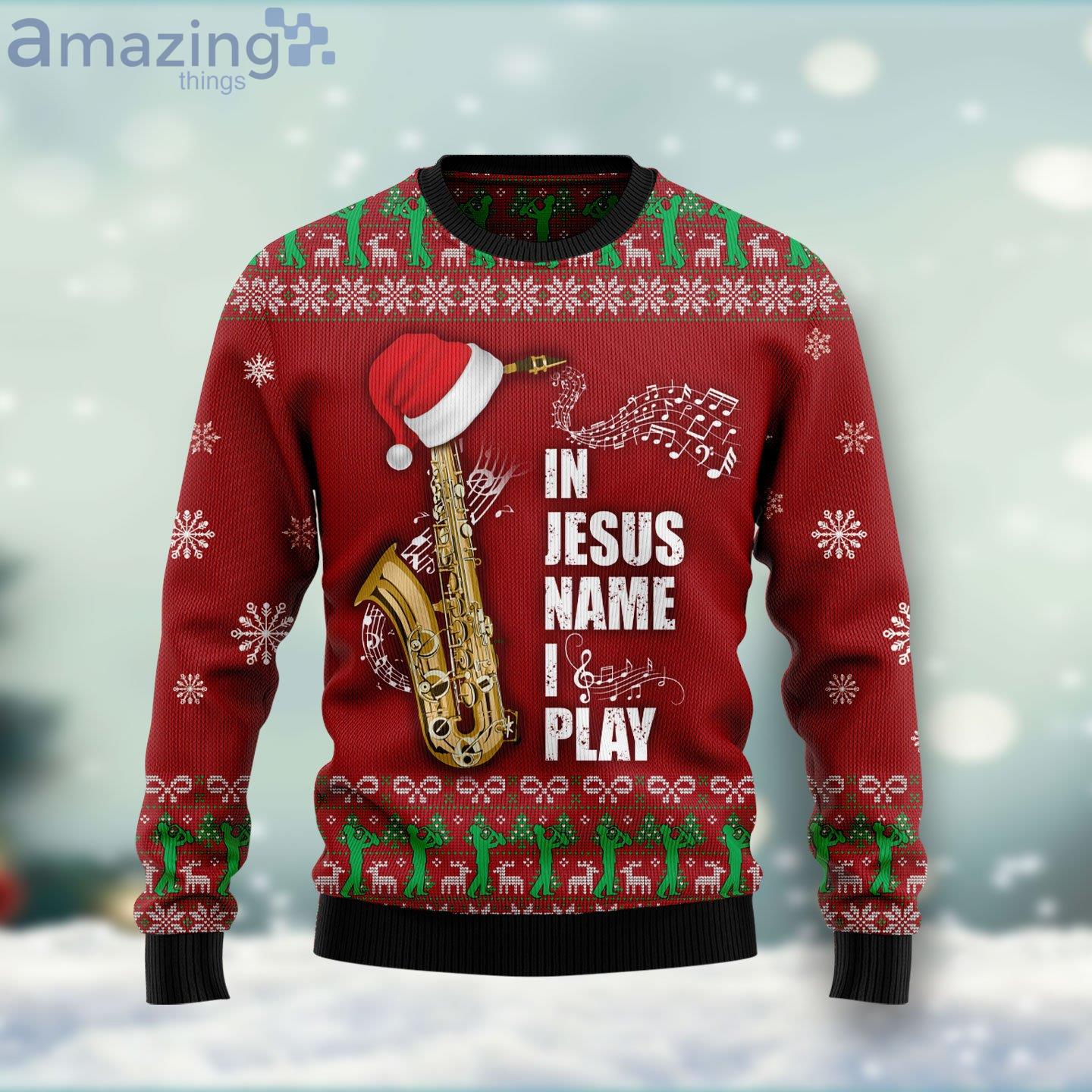 Saxophone In Jesus Name I Play Ugly Christmas Sweater image Saxophone In Jesus Name I Play Ugly Christmas Sweater Product Photo 1 Product photo 1