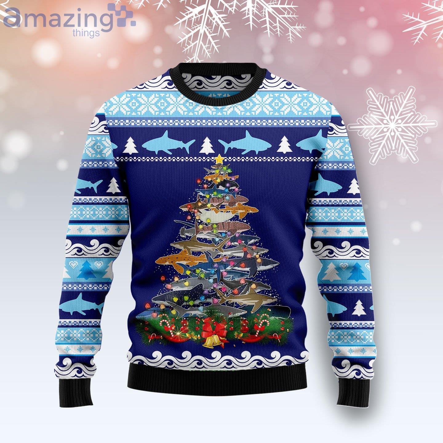 Shark Christmas Tree Funny Gift Ugly Christmas Sweater Product Photo 1