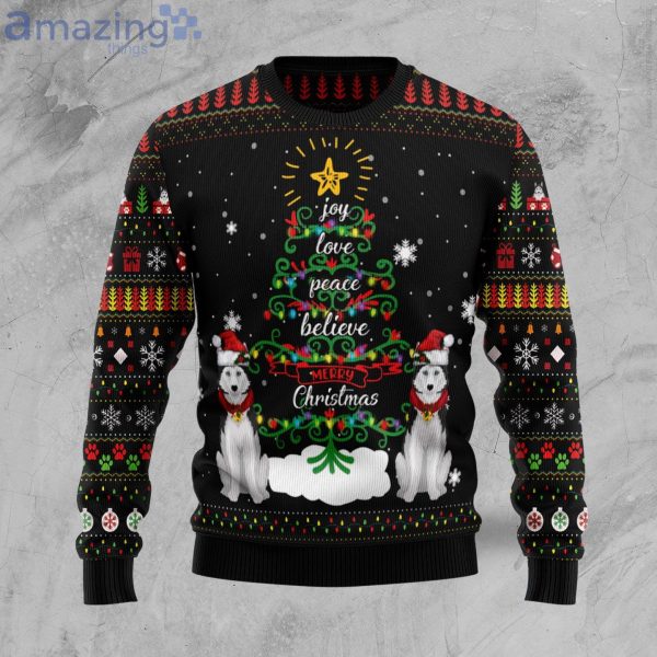 Siberian Husky Couple Christmas Tree Ugly Christmas Sweater Product Photo 1