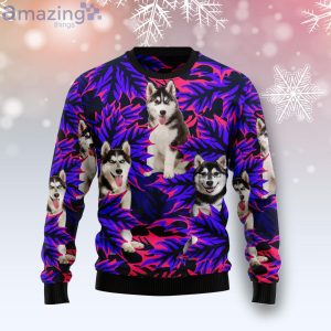 Siberian Husky Leaves Purple Ugly Christmas Sweater Product Photo 1