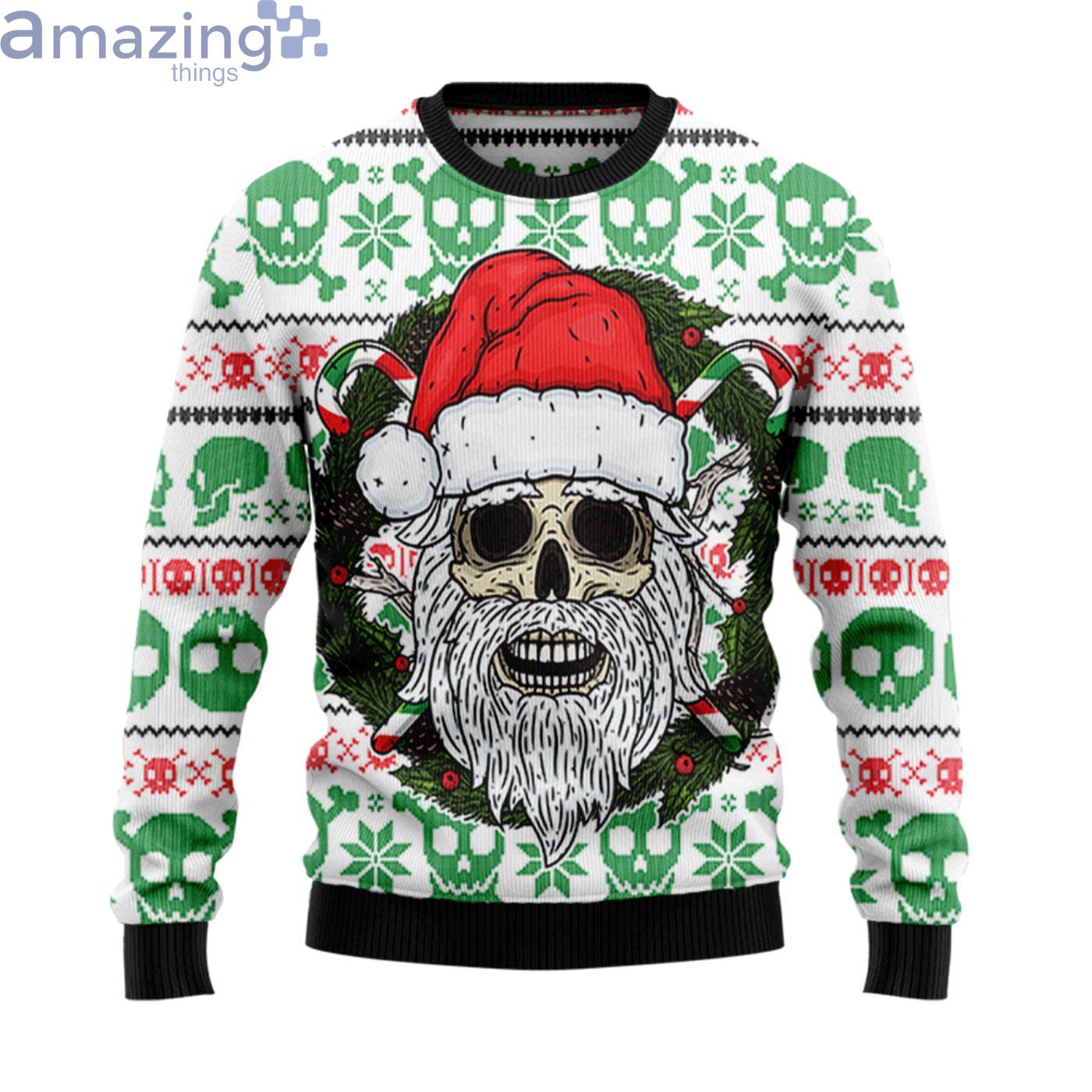 Skull Santa Clause And Xmas Wreath Christmas Ugly Sweater Product Photo 1
