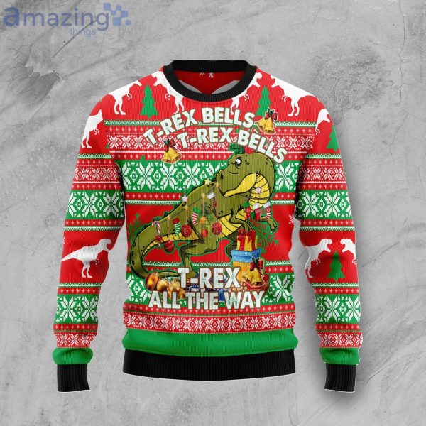 T-Rex Tree Christmas T-Rex Bells Ugly Christmas Sweater Product Photo 1