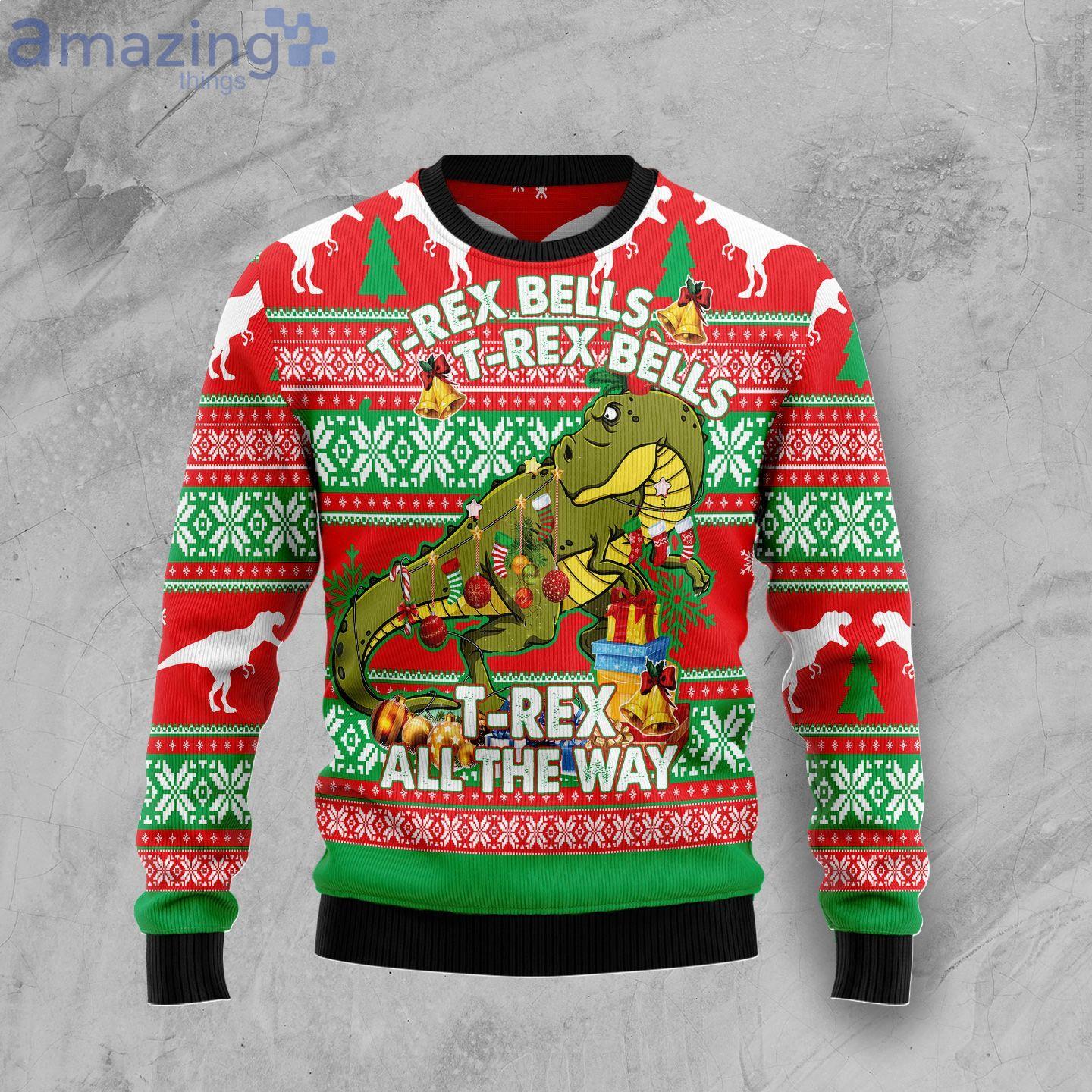 T Rex Tree Christmas T Rex Bells Ugly Christmas Sweater image T-Rex Tree Christmas T-Rex Bells Ugly Christmas Sweater Product Photo 1 Product photo 1