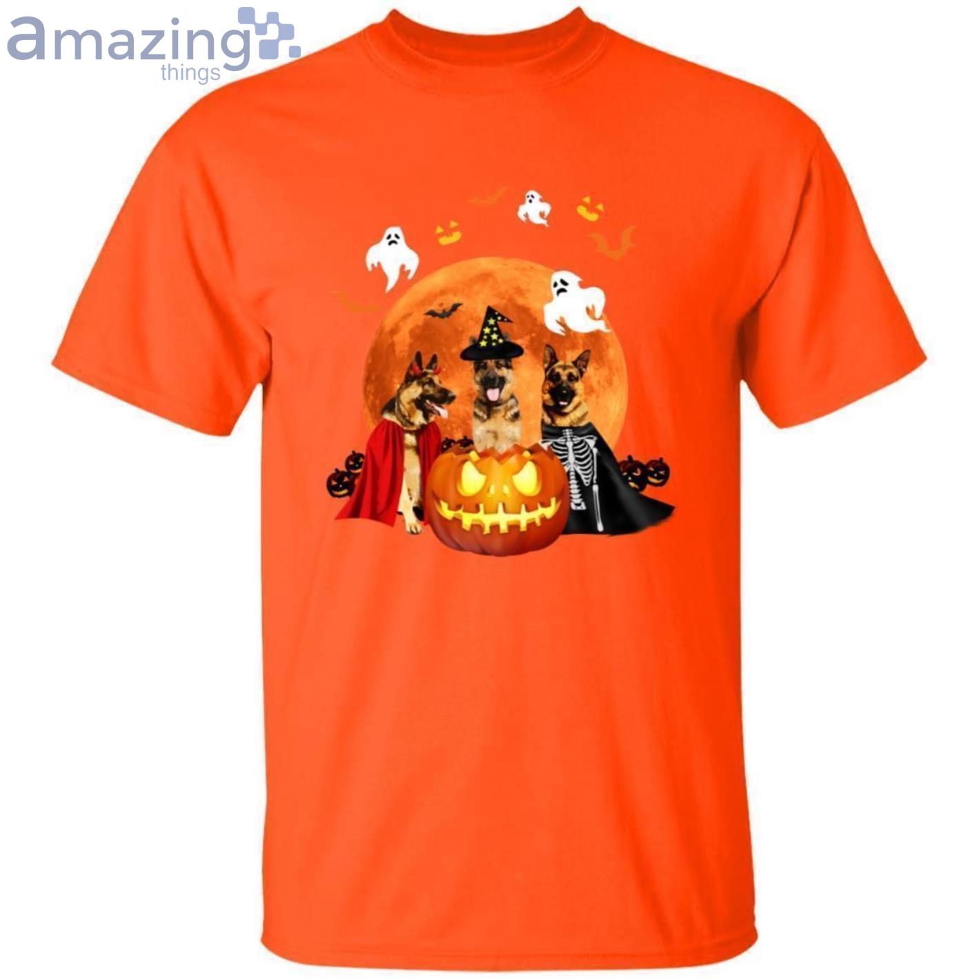 Three German Shepherds And A Pumpkin Halloween T Shirt image Three German Shepherds And A Pumpkin Halloween T-Shirt Product Photo 2