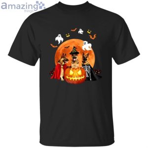 Three German Shepherds And A Pumpkin Halloween T-Shirt Product Photo 1