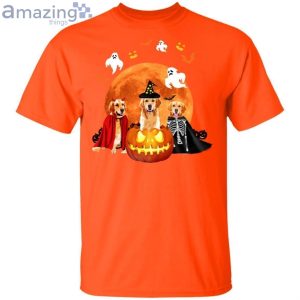 Three Golden Retrievers And A Pumpkin Halloween T Shirt image Three Golden Retrievers And A Pumpkin Halloween T-Shirt Product Photo 2