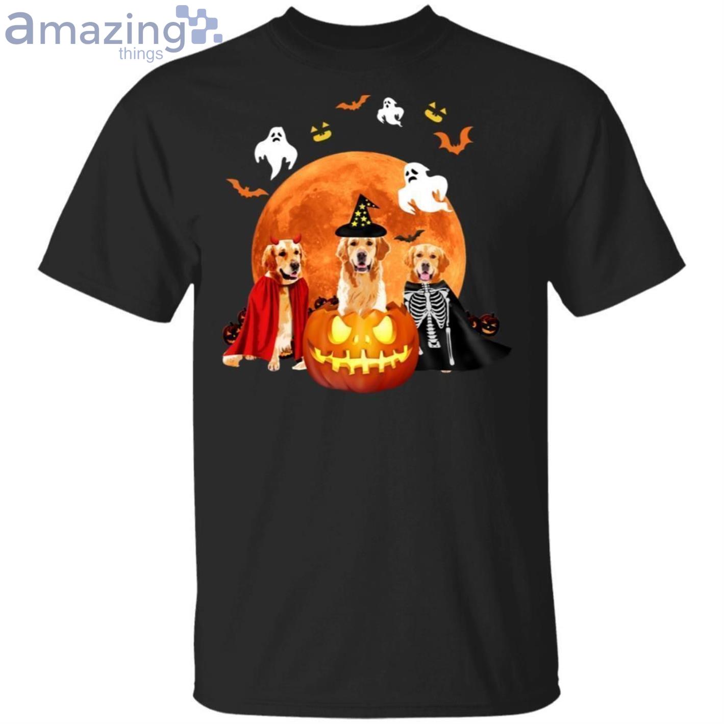 Three Golden Retrievers And A Pumpkin Halloween T-Shirt Product Photo 1
