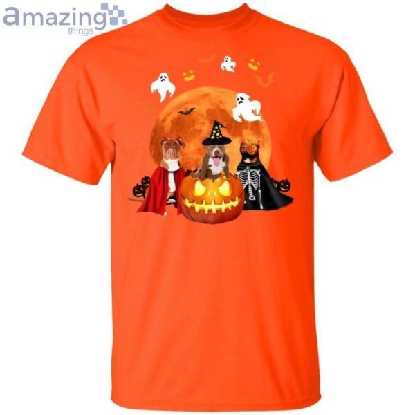 Three Pit Bulls And A Pumpkin Halloween T-Shirt Product Photo 2