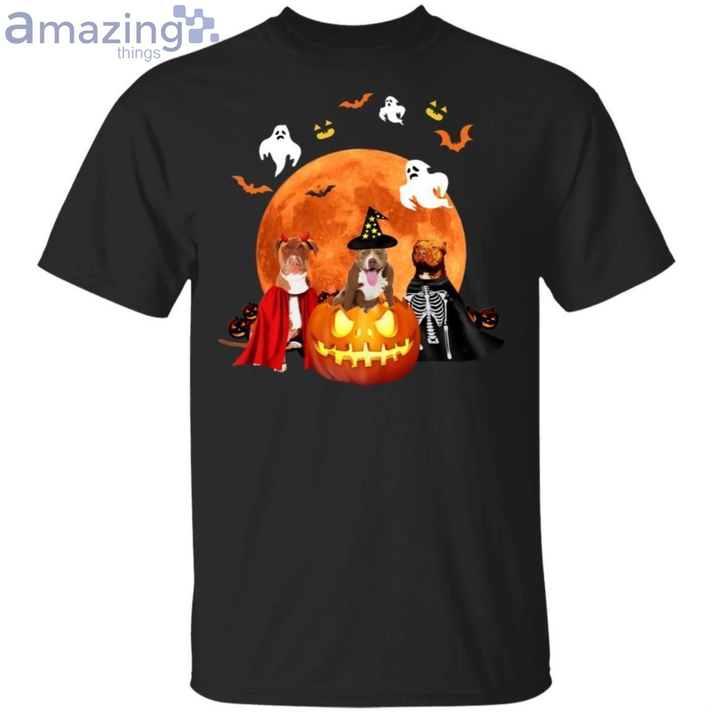 Three Pit Bulls And A Pumpkin Halloween T-Shirt Product Photo 1