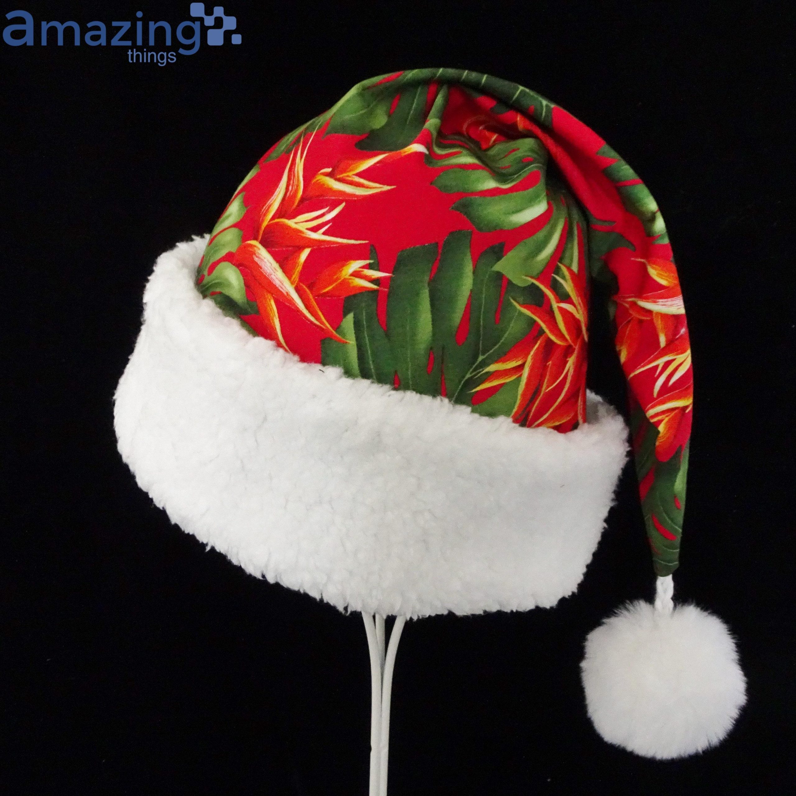 Tropical Leaves And Flowers Christmas Santa Hat For Adult And Child Product Photo 1