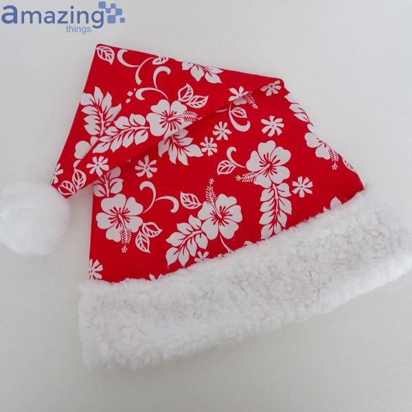 Tropical Red White Hibiscus Fabric Christmas Santa Hat For Adult And Child Product Photo 2